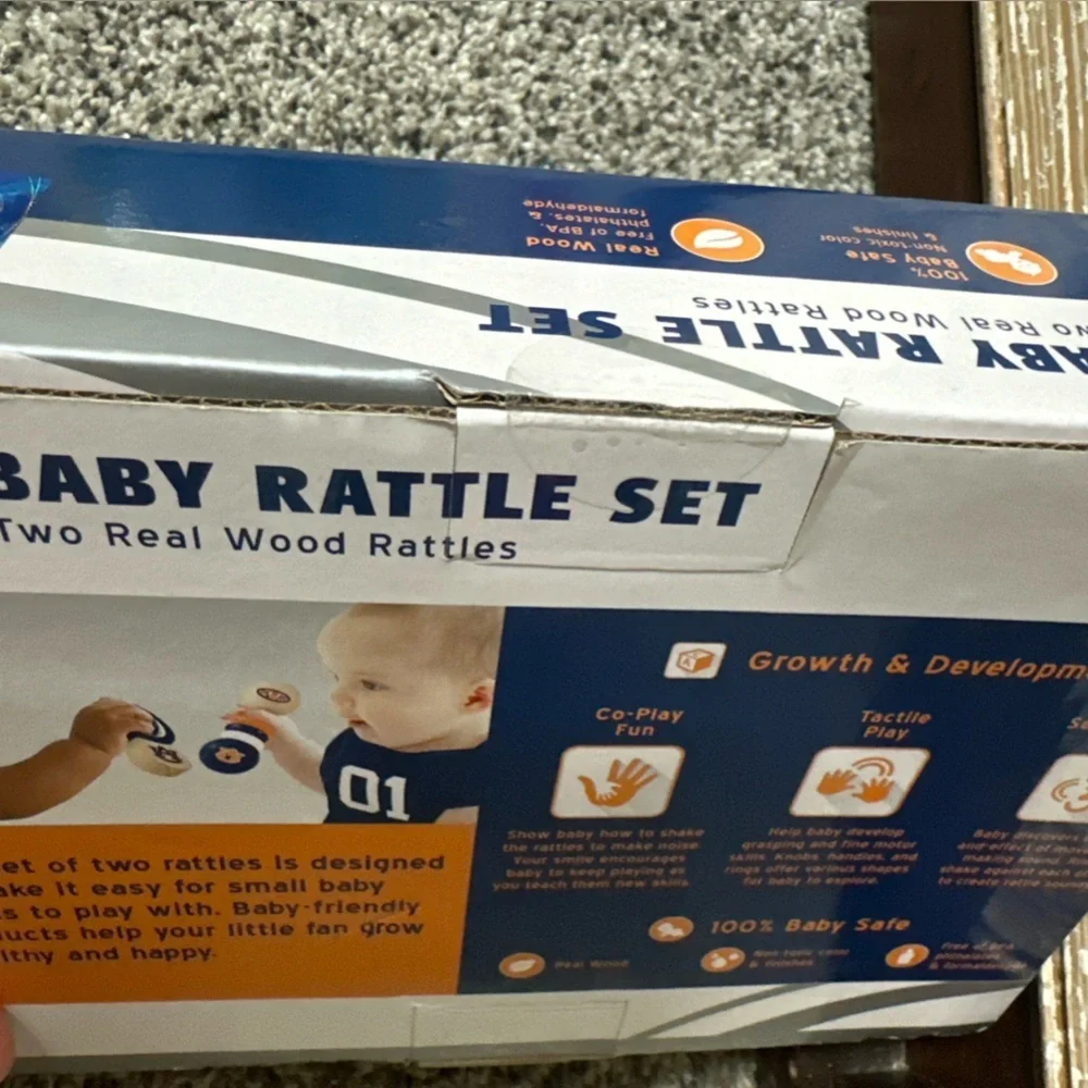 Auburn Baby Rattle Set two Real Wood Rattles - Blue & Orange